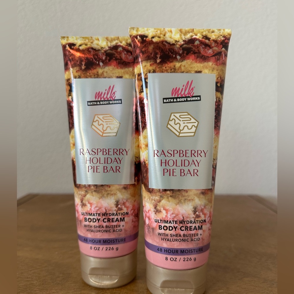X2 bath and body works milk Raspberry Holiday Pie Bar Body Creams NEW